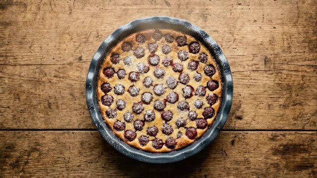 a bold, graphic composition of a cherry clafoutis centered on a rustic wooden table, with ample negative space surrounding it for clear text overlay, and delicate muted