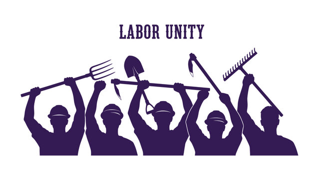 Labor Unity Illustration: A powerful graphic depicting a group of laborers raising their tools in solidarity, representing the strength and unity of labor.