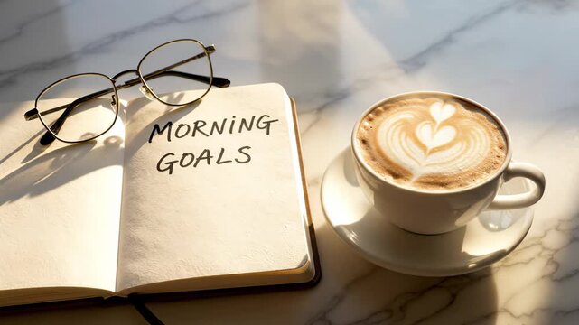 A cozy morning scene showcases a beautifully crafted latte topped with intricate art beside an open notebook, gently illuminated by soft sunlight, urging new beginnings and dreams.