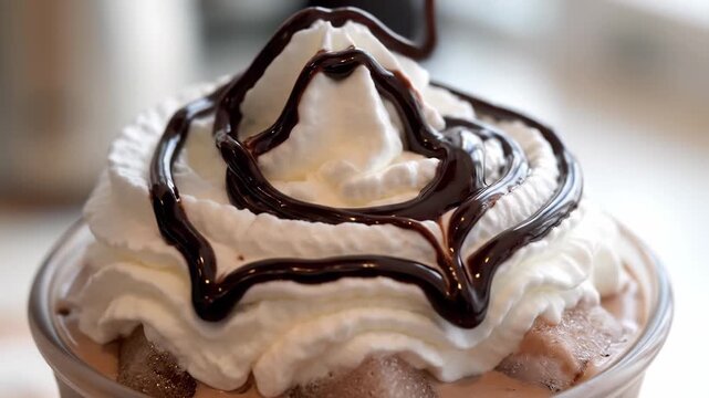 A mouthwatering dessert awaits with velvety whipped cream layered on top, elegantly drizzled with dark chocolate sauce. The inviting atmosphere of the cafe enhances this sweet indulgence.
