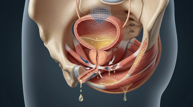 Human bladder disorder: urinary leakage, pelvic floor, bladder problem, urine control, medical issue, pelvic muscle, internal anatomy, anatomical structure, male system.