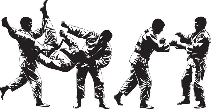 Four judo athletes in dynamic throws and grappling action poses black and white dynamic poses