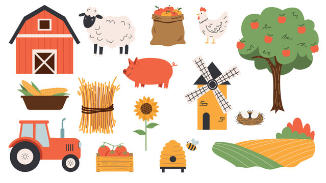 Cute farm animals and agriculture elements set, red barn, tractor, windmill and garden harvest, organic farming vector illustration isolated on white.