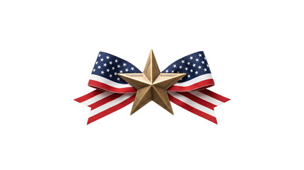 Obraz premium Striking golden star emblem featuring flowing American flag ribbons isolated on transparent background. Excellent 3D patriotic element for Memorial Day fallen hero tributes and veteran honor designs.