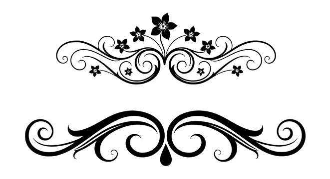 Floral flourish ornament vector design set featuring elegant decorative swirls and classic botanical elements isolated on a white background for professional invitations .