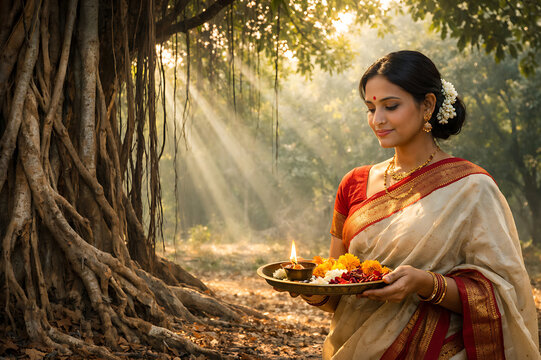 Graceful married women observing Vat Purnima, Vat Savitri Vrat, Vat Purnima Pournima fasting, tying sacred threads around banyan tree, seeking blessings for marital happiness and eternal togetherness