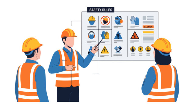 Safety rules explanation in workshop: An instructor explains the essential safety protocols to two other construction workers. A clear display of safety rules provides guidance in work.