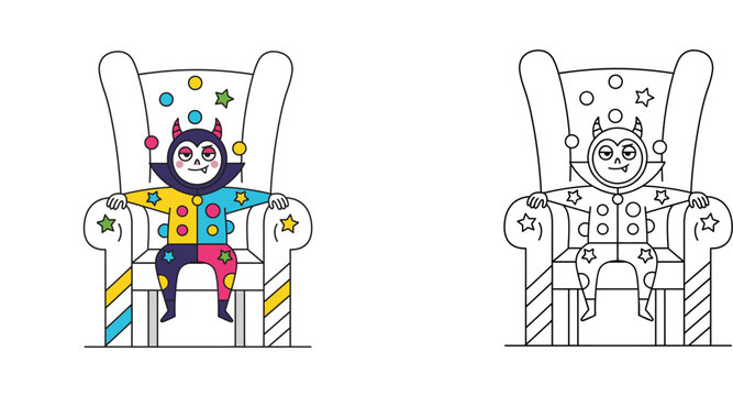 Cute Cartoon Monster Character in Jester Costume Sitting on Armchair Illustration with Line Art Version for Coloring Book, Colorful Quirky Creature for Kids Activities Vector Background
