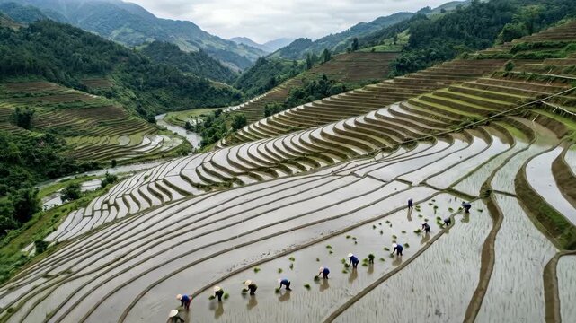 An aerial view of rice paddies at planting season in terraced hillside terrain, flooded fields reflecting silver sky between narrow earthen berm dividers, workers knee-deep in