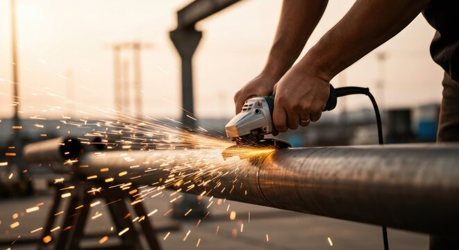 Metalworker using angle grinder on pipe, sparks flying, industrial outdoor setting