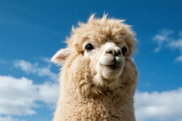 Fototapeta premium Close-up of a fluffy alpaca with a blue sky background