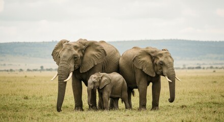 Obraz premium Three elephants, a family, stand in a grassy plain under a cloudy sky
