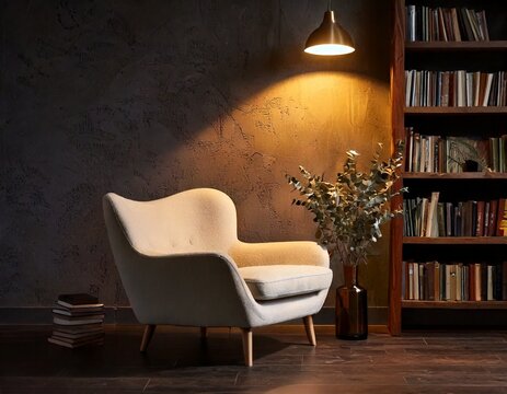 Soft beige linen armchair illuminated by a warm floor lamp beside a tall bookshelf at dusk