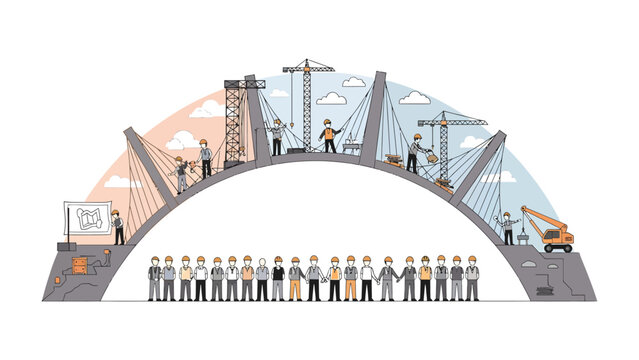 Bridging Visions: An illustration showcases the intricate process of bridge construction, symbolizing collaboration and the realization of ambitious goals. 