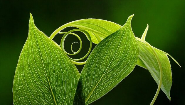 Tender plant stems and leaves curving in spiral and arc shapes, showcasing natural beauty