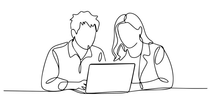 businessman and woman having a discussion two people working together at a laptop computer continuous line drawing, Business activities concept. Single line draw design vector graphic illustration.