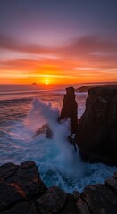 Fototapeta premium Dramatic Coastal Sunset - Waves Crashing Against Rocky Cliffs at Dusk.