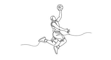 Dynamic basketball player continuous line drawing   slam dunk or jump shot action © Line Lab