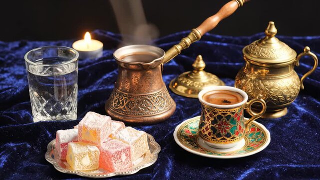A cozy setting showcases an ornate coffee pot, an intricately designed cup filled with steaming Turkish coffee, and colorful delights nearby. Glimmering candles add warmth.