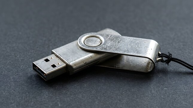 Close up view of a compact metal USB flash drive with keyring attachment on grey surface