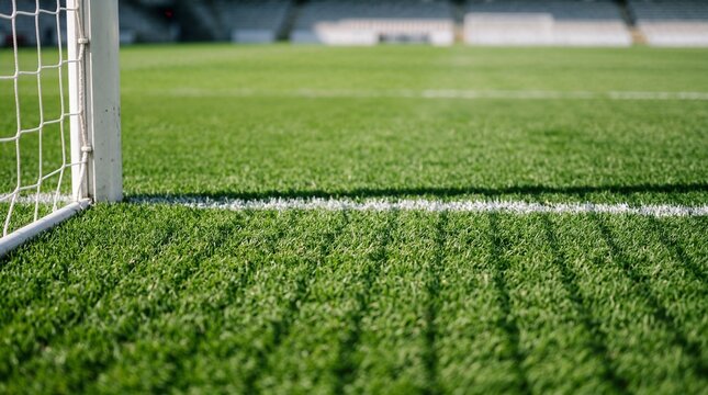 Close-up of soccer field goal line.