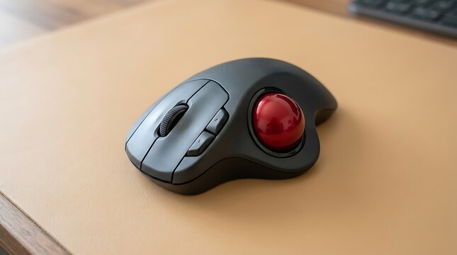 Ergonomic computer mouse with large red scroll button placed on light wooden desk surface