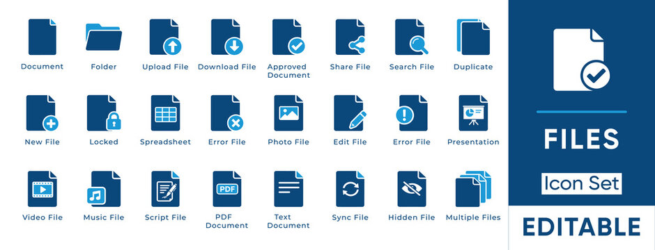 Files icon set. Containing document, folder, upload file, spreadsheet, photo file, presentation, video file and more. Solid vector icons collection.