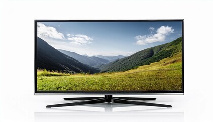 Fototapeta premium Flat-screen television displaying mountain landscape