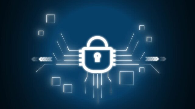 White glowing padlock icon connected to multiple square nodes through circuit lines symbolizing a secure distributed data network