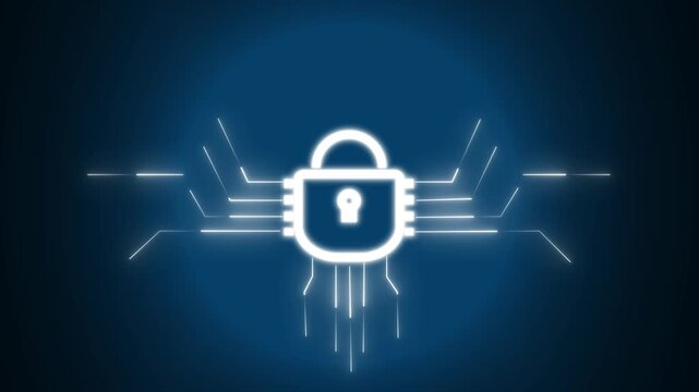 Glowing white padlock icon integrated with radiating circuit board lines representing robust digital data protection on a deep blue background