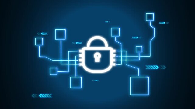 White glowing padlock icon central to an intricate blue network connecting various square data nodes on a dark digital background