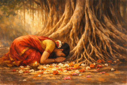 Graceful married women observing Vat Purnima, Vat Savitri Vrat, Vat Purnima Pournima fasting, tying sacred threads around banyan tree, seeking blessings for marital happiness and eternal togetherness