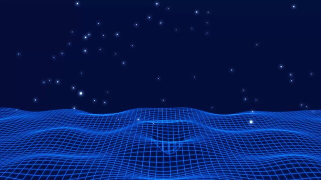 Abstract blue glowing wireframe grid representing digital landscape or spacetime warp under starry night sky