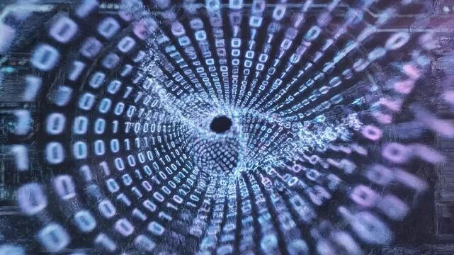 Digital DNA rotating in binary code interface, zooming shot