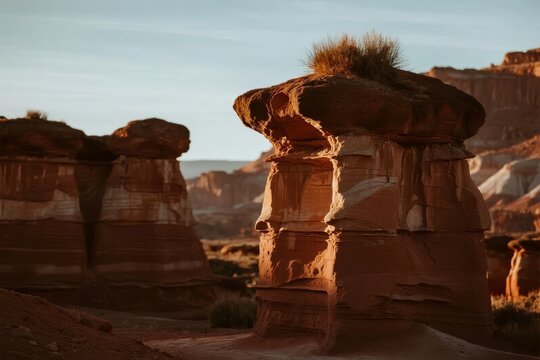 Sandstone hoodoos with layered rock formations in a desert landscape at golden hour