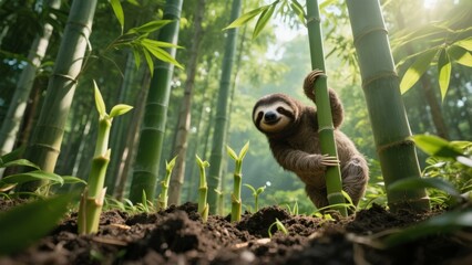 Fototapeta premium A sloth clings to a bamboo stalk in a lush, green forest with young bamboo shoots emerging from the soil.