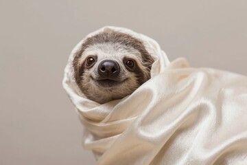 Fototapeta premium Sloth wrapped in a soft white cloth, peeking out with a calm expression