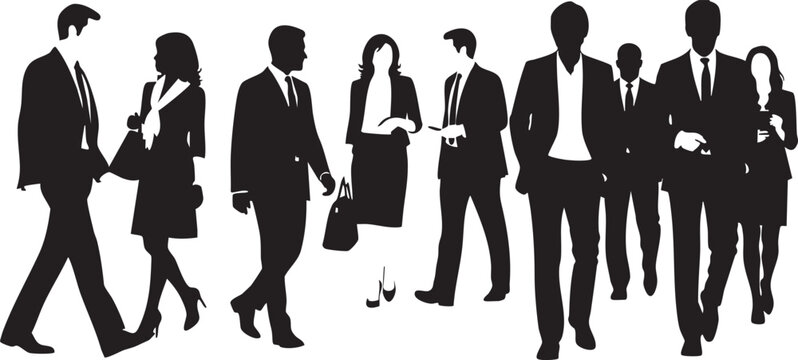 Nineteen black silhouette figures standing in a row facing right black silhouettes people