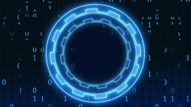 Abstract digital interface with glowing neon gear and binary data streams on dark background