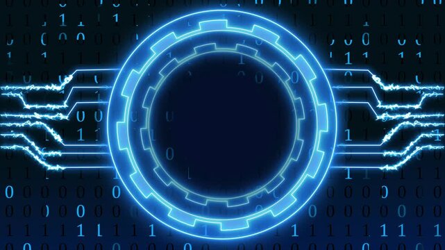 High-tech digital interface with neon circuit lines and binary code on dark blue background