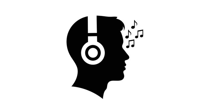 Black silhouette of a person wearing headphones with music notes.