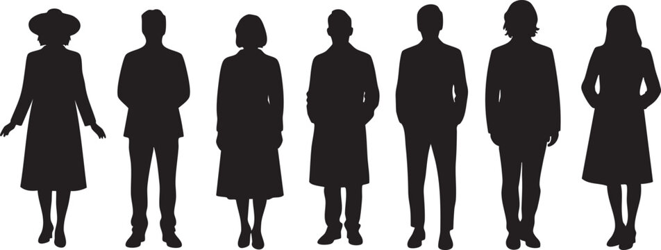 Seven black silhouette figures standing in a row facing front and back views black silhouettes