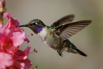 Obraz premium A hummingbird hovers near pink flowers, feeding with its beak extended.