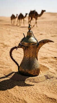 Traditional ornate brass coffee pot on desert sand at sunset. Arabic dallah with camels and a person in the background under warm sunlight. Vertical travel lifestyle video