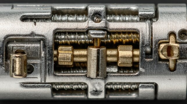 Extreme closeup lock pins with serration and wear patterns under magnified light, granular brass surface and micro scratches visible at shearline, conveys forensic inspection and manufacturing QA