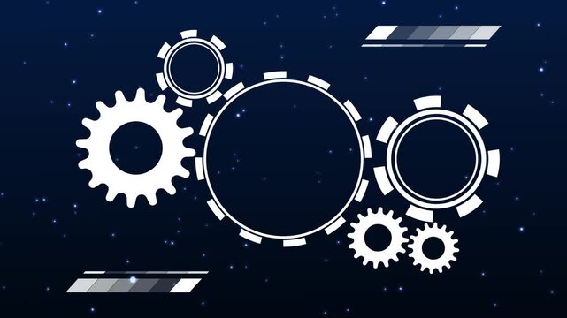 Interlocking white gears forming a mechanism against a starry dark blue background with abstract elements