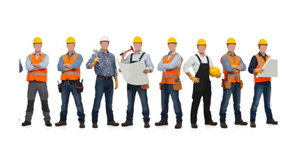 Construction Crew in Formation: A team of skilled construction workers, adorned in their protective gear and helmets, stands in a row. Displaying diverse tools, plans, and equipment. © Nusaybah