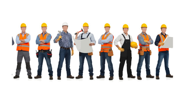 Construction Crew in Formation: A team of skilled construction workers, adorned in their protective gear and helmets, stands in a row. Displaying diverse tools, plans, and equipment.