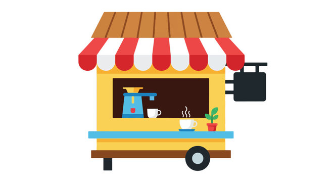 Cute Coffee Cart with Barista Station and Outdoor Seating Icon.