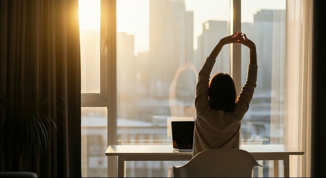 Woman stretching at desk with sunrise city view after work